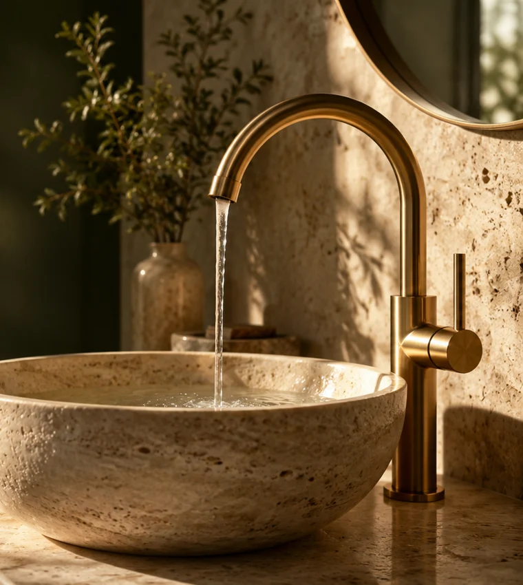 Illustrative brass faucet and travertine basin in warm architectural light